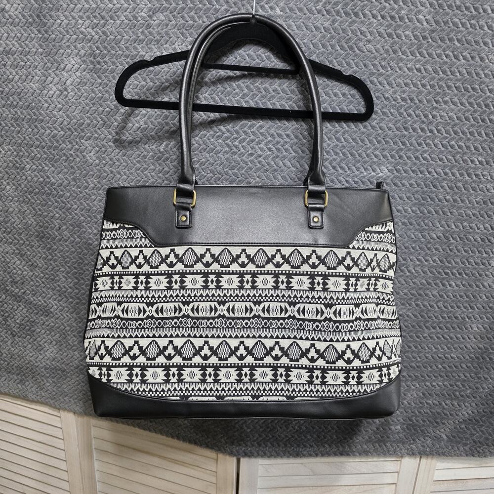 Black Tribal Print Tote Bag Faux Leather Large Shoulder Handbag Aztec Pattern